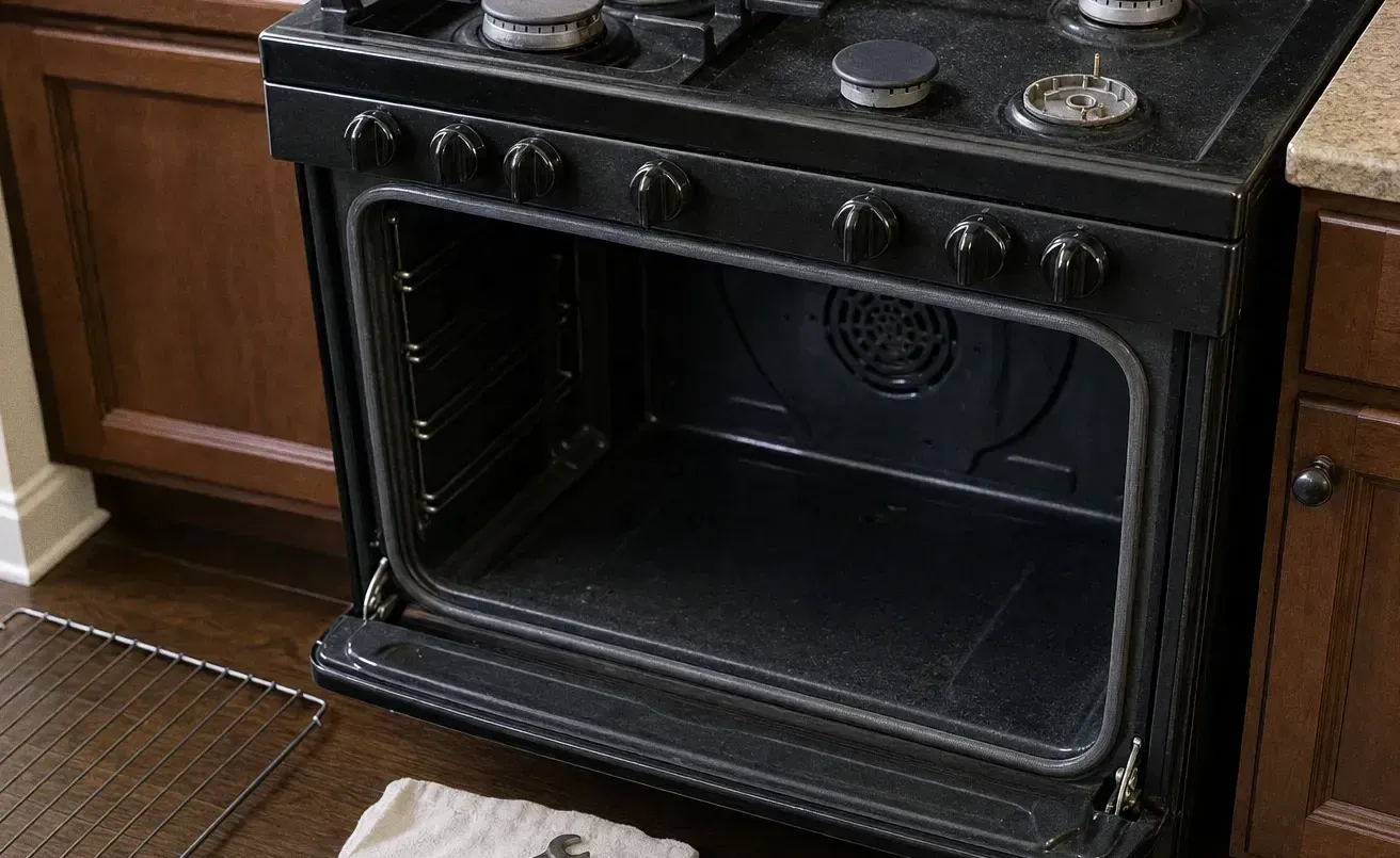 A dark-fronted gas range with the oven door down on an empty cavity and a folded towel on the floor in front of it