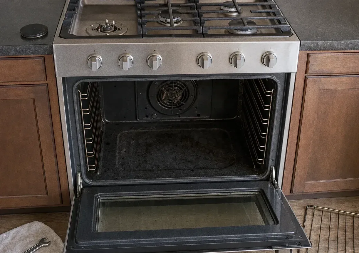 A stainless gas range set between cherry cabinets, oven door open on an empty cavity with the convection cover at the back