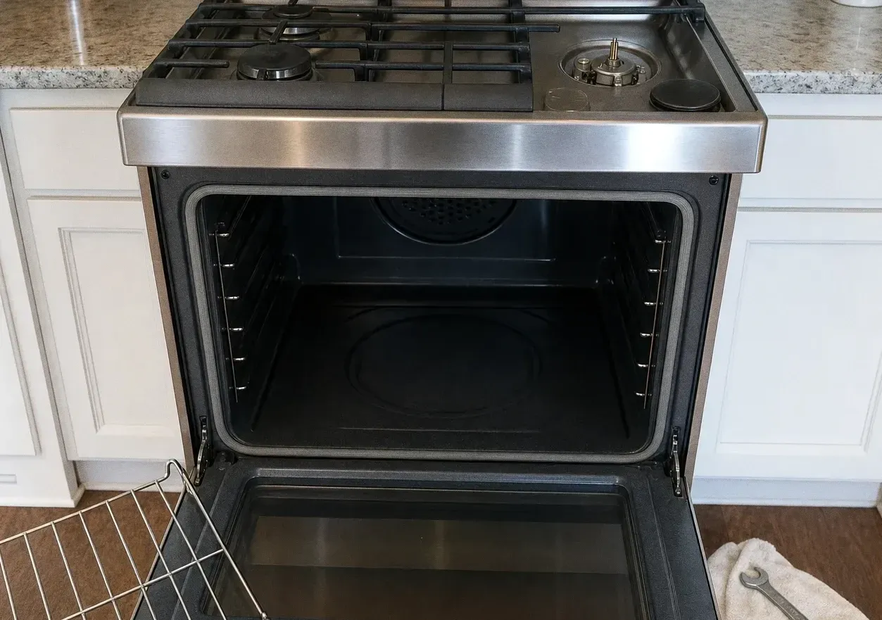 A stainless gas range in a white-cabinet kitchen, oven door open with a rack lifted out onto the floor and one burner base exposed