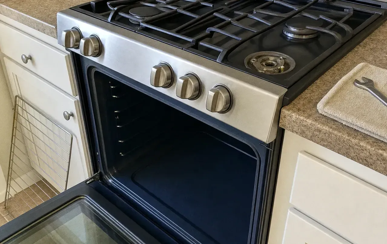 A stainless gas range seen at an angle with the oven door open on an empty cavity and one burner base exposed above