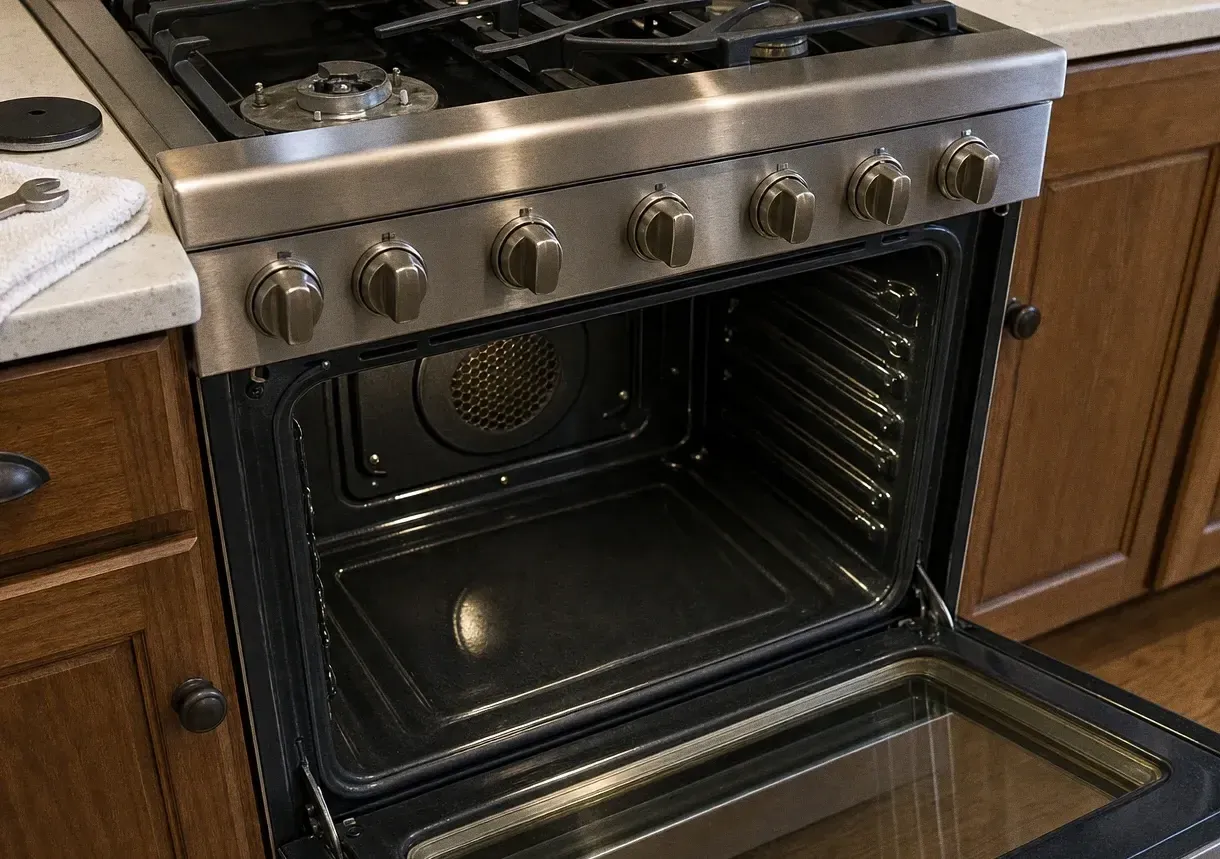 An open oven cavity with the round convection fan cover on the back wall and the bake element running across the floor